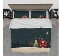 Noël Hiver Pays Scène Nuit Ensemble Housse Couette Lune Maison Rouge Arbre Noël 3 Pièces Ensemble Literie Douce avec 2 Taies D’Oreiller 135x200cm