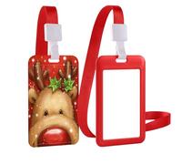 Noël Mignon Porte-badge avec lanière cordon amovible étanche, pour Cartes d'Identité de Bureau et d'École Cartes de Crédit Cartes de Proximité,Bonhomme Cerf Neige Cartoon Christmas Motif,rouge