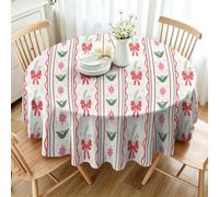 Noël Nappe Impermeable Ronde 180 cm Motif Rayures Verticales Brin de Houx | Nœud de Noël Nappe de Table en Tissu Polyester Lavable et Anti-tache, Fleur Étoilée Décoration Nappe