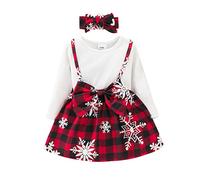 Noël Noël tout-petit enfant nouveau-né bébé fille manches longues imprimé dessin animé plaid robe princesse jupe avec bandeaux, tenues ensemble 2 pièces, Blanc., 9-12 mois