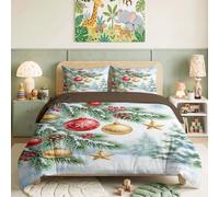 Noël Pins Sempervirens Parure de Lit 140 x 200 cm Housse de Couette | Brun Impression Ensemble de literie Noël Boules Baies Douce Literie, Antibactérien Housse de Couette pour Enfants Adulte