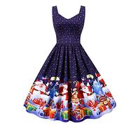 Noël Robe Déguisements de Noël,Costumes de Noël pour Les Femmes Garniture en Dentelle à Manches Courtes Robes de Noël Laides imprimé Noir rétro Vintage Xmas Cocktail Party Swing Dress