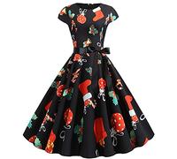 Noël Robe Déguisements de Noël,Costumes de Noël pour Les Femmes Garniture en Dentelle à Manches Courtes Robes de Noël Laides imprimé Noir rétro Vintage Xmas Cocktail Party Swing Dress