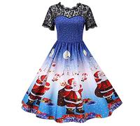 Noël Robe Déguisements de Noël,Costumes de Noël pour Les Femmes Garniture en Dentelle à Manches Courtes Robes de Noël Laides imprimé Noir rétro Vintage Xmas Cocktail Party Swing Dress