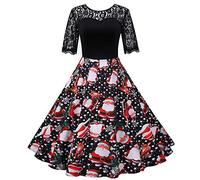 Noël Robe Déguisements de Noël,Costumes de Noël pour Les Femmes Garniture en Dentelle à Manches Courtes Robes de Noël Laides imprimé Noir rétro Vintage Xmas Cocktail Party Swing Dress