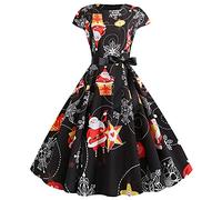 Noël Robe Déguisements de Noël,Costumes de Noël pour Les Femmes Garniture en Dentelle à Manches Courtes Robes de Noël Laides imprimé Noir rétro Vintage Xmas Cocktail Party Swing Dress