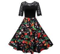Noël Robe Déguisements de Noël,Costumes de Noël pour Les Femmes Garniture en Dentelle à Manches Courtes Robes de Noël Laides imprimé Noir rétro Vintage Xmas Cocktail Party Swing Dress