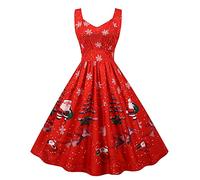 Noël Robe Déguisements de Noël,Costumes de Noël pour Les Femmes Garniture en Dentelle à Manches Courtes Robes de Noël Laides imprimé Noir rétro Vintage Xmas Cocktail Party Swing Dress