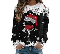 Noel Sweatshirt Femmes Pull De Noël Femme Noël Sweat Rigolo Femmes Drole Sweats Verre à vin Rouge Imprimés Sweatshirt Manches Longues Ample Décontracté Sweater Christmas Funny Pullover