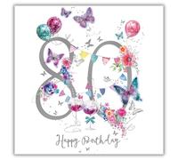 Noel Tatt Carte d'anniversaire 80 ans pour femme - Motif floral élégant et papillon - Jolie carte de vœux d'anniversaire pour elle