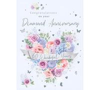 Noel Tatt Milestone Carte d'anniversaire de mariage en diamant - 60 ans - Cœur floral avec détails en relief et feuille d'argent et bord festonné - Respectueux de l'environnement et recyclable