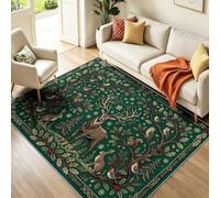 Noel Traditionnel Animal Tapis Lavable Imprimé Cerf Aviaire Ecureuil Vert 80 x 150 cm, Lavable en Machine, Poils Courts, Antidérapant Tapis pour Salon Chambre Cuisine Salle à Manger Bureau