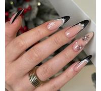 Noël vacances français manucure ongles ABS presse bâton non toxique faux ongles ensemble facile à appliquer en quelques minutes bords noirs scintillant faux