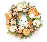 NOENNULL Couronnes de Fleurs Artificielles pour Porte D'entrée, Couronnes de Fleurs de Printemps et d'été pour Porte D'entrée, Couronne de de Pivoine Rose avec Feuilles Vertes, (A)