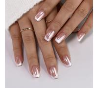 Noerrors Lot de 30 faux ongles courts carrés Aurora à presser - Ongles blancs avec pointe brillante - Couverture complète amovible avec colle acrylique sur les ongles