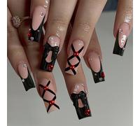 Noerrors Lot de 34 faux ongles de longueur moyenne, gothique, noir, manucure française, à presser, avec nœud à breloque, nacré, motifs 3D, jolis gemmes rouges, faux ongles style sombre brillant