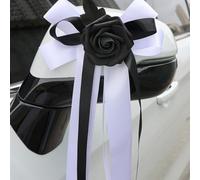 Noeud de rétroviseur de mariage pour voitures avec feuilles de roses artificielles en soie et ruban réglable pour poignée de porte, capot, escalier et chaise (8 pièces, noir)