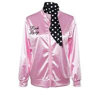 Nofonda Déguisement Femme Rose Blouson Gilet Veste Jacket Pink Graisse Fancy Dress Lady avec Foulard années 50s Halloween Costume de Fantaisie (Rose, S)