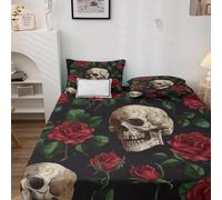 NOGAWA Drap Housse 140x200 Tête de Mort Rose - Protege Matelas Jour des Morts, Drap Housse Grand Bonnet 35 cm, Housse Matelas Doux et Confortable Microfibre avec 2 Taies d'Oreillers 50x75 cm