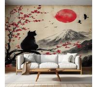 NOGAWA Papier Peint Motif Chat Noir, 3D Panoramique Papier Peint xxl Fleur de Cerisier Japonaise, Papier Mural Decoratif Pour Salon, Chambre, Tapisserie Murales, Décoration Murale 350x256cm