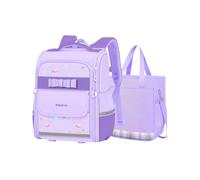 Nogkdyc Sac d’école pour filles 3 pièces Joli sac d’école de dessin animé pour les élèves de l’école primaire Ensemble de 2 pièces pour enfants(violet + sac fourre-tout,M)