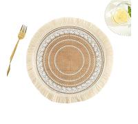 NOGRAX 1Pc Boho Style Woven Jute Cotton Round Placemat Exquisite Embroidery Tassels Table Mat Pad Tableware Coaster Party Decoration-White B 3-38cm