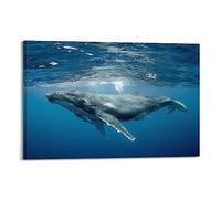 NOHF Poster animal marin à bosse baleine nageant sous l'eau - Art mural rétro esthétique - Décoration de chambre - Peinture sur toile pour la maison et le bureau - 30 x 45 cm - Style cadre