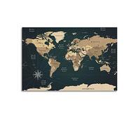 NOHF Poster de carte du monde vintage - Décoration murale rétro - Esthétique - Décoration de chambre ou de bureau - 60 x 90 cm - Style sans cadre