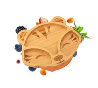 nohla ® Toby The Tiger Assiette de Sevrage en Bambou pour Bébé, Ventouse, 18,3 x 23 cm, Base Ventouse Anti-Fuite, Idéale à partir de 6 Mois, 100% Bambou et Silicone FDA, Bio et sans BPA, Orange