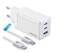 NOHON Chargeur USB-C Rapide Prise: 65W GaN 3 Ports PD3.0 avec 140W USB C Rapide Cable 1.2M | PPS Compatible avec MacBook Pro Air Airpods iPad iPhone 15 14 13 12 Pro Max Galaxy S23(Blanc)