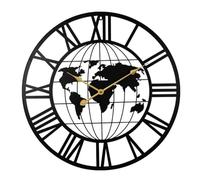Noir,24 Pouces Extra Large Carte du Monde Horloge Murale, métal Minimaliste Moderne Silencieux sans tic-tac Horloge Ronde pour Salon, Chambre à Coucher, Bureau, Cuisine, Chiffres Romains