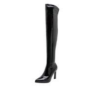Noir,36 EU,Bottes au-Dessus du Genou pour Femmes, Talons Aiguilles, Bout Pointu, Cuir Verni, 3,7 Pouces, Bottes d'automne avec Fermeture éclair, Chaussures de Danse Longues