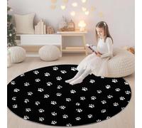 Noir Antidérapant Tapis Rond 90 cm, Animaux Motif Petites Empreintes De Pattes Lavable en Machine Tapis Rond, Moquette de Salon et Chambre Doux et Confortable, Idéal pour Intérieurs décoration