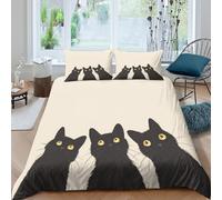 Noir Cats Art Housse de Couette Imprimé en 3D Microfibre résistante 2 pièces Vector Illustration Style Ensemble De Literie avec Fermeture Éclair Douce for Adolescent Single（135x200cm）
