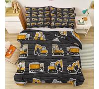 Noir Charbon Jaune Vif Housse de Couette 200 x 200 cm, pour Garçons Cartoon Parure de Lit, Engin Chantier Pelleteuse Microfibre Parure de Lit avec Fermeture Éclair et Taies d'oreiller