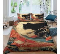 Noir Chat Art Linge de Lit résistante 3 pièces 3D Imprimée Entretien Facile Japanese Wave Style de Illustration Ensemble De Literie avec Taie d'oreiller for Décoration de Chambre Double（200x200cm）