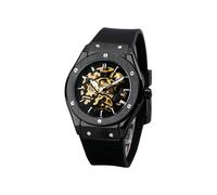 (NOIR DORÉ) WINNER Montre Mécanique Automatique pour Homme Bracelet Caoutchouc Cadran Squelette Horloge