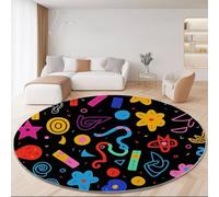 Noir Doux Flanelle Tapis Rond Salon - Dessin animé minimaliste graffiti Imprimé d'isolation phonique Tapis de Sol Décoration, 100 x 100 cm pour Chambre Cuisine Balcon Terrasse Salle à Manger