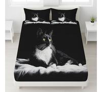 Noir Drap de lit Chat Gros Plan Élastique Intégral Drap-Housse Hyperréaliste Drap-Housse Cool Amateur de Chats Distant Lavable en Machine pour Amoureux des Animaux, 120 x 190 x 30