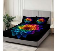Noir Drap Housse 180 x 200 cm Mandala Coloré en 3D, Doux Résistant Anti-Plis Élastique Tout Autour - Antidérapants Résistant aux Rides Drap Housse en Microfibre