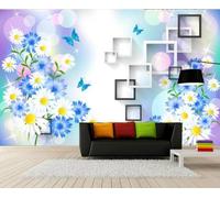 Noir Et Blanc Géométrique Coloré Floral Papillons Papier Peint 3D Installation Facile Intissé Tapisserie Bureau Salon Canapé Chambre Décoration Murale-400cm×280cm
