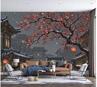Noir et rouge Papier Peint, Illustrations de style chinois Lanternes, fleurs, arbres, scène de rue Tableaux Photo Muraux Utilisé - Pour Salon Chambre Chambre D'Enfant Décoration Murale 300x210cm（WxH）