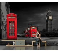 Noir et rouge Papier Peint, Style de photographie architecturale Cabine téléphonique, bus, Big Ben Tableaux Photo Muraux Utilisé - Pour Salon Chambre Chambre D'Enfant Décoration Murale 350x256cm（WxH）