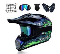 Noir et Vert/ Aigle - Casque Moto Cross Adulte, Casque Motocross Enfant, Casque VTT Integral Set Casque BMX Quad Enduro ATV Scooter avec Goggle/ Gants/ Masque/ Filet à Elastique,S