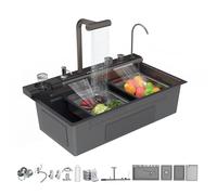Noir Évier de cuisine 1 bassin multifonction Kitchen Sink moderne en acier inoxydable, cascade, avec composant de drainage, planche à découper, rince-tasses, distributeur de savon, instructions (75 x