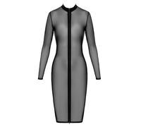 Noir Handmade F347 Robe mi-longue en maille fine, longueur genou, fermeture éclair à double sens, manches longues, col montant transparent, Noir , L