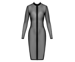 Noir Handmade F347 Robe mi-longue en maille fine, longueur genou, fermeture éclair à double sens, manches longues, col montant transparent, Noir , XL