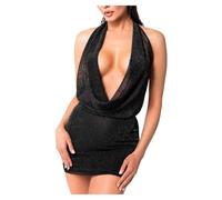 Noir Handmade F351 Mini robe en tulle avec col en cascade, dos nu en maille extensible avec reflets argentés, décolleté profond en cascade et design dos nu