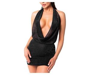 Noir Handmade F351 Mini robe en tulle avec col en cascade, dos nu en maille extensible avec reflets argentés, décolleté profond en cascade et design dos nu, Noir , L