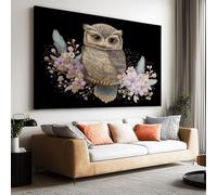 Noir Impression sur toile - Animal Hibou Floral Scène Nocturne - decoration chambre - 120 x 80 cm - tableau decoration murale - decoration maison - Tableau Moderne - ART - poster mural